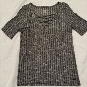 American Eagle Outfitters Gray Ribbed Tie Front Blouse